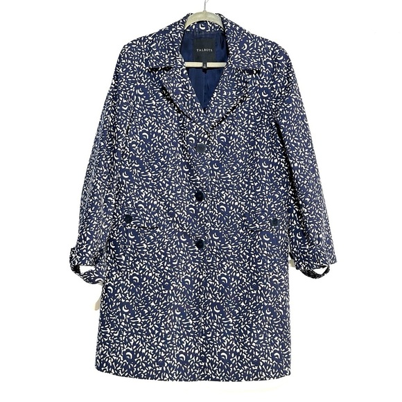 Talbots Floral Print Trench Coat In Navy and White Lined Blue Button Size 14 - Picture 1 of 10